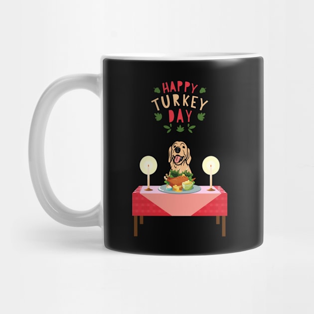 Happy Turkey Day with Golden Retriever Dog with Thanksgiving Dinner Table by Seasonal Dogs